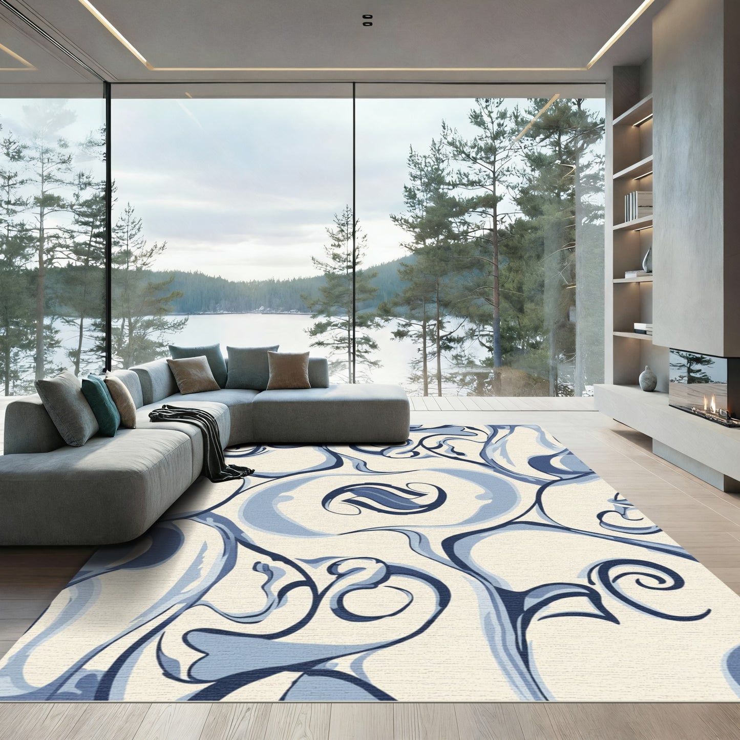 Navy Blue Abstract Swirl Organic Rug