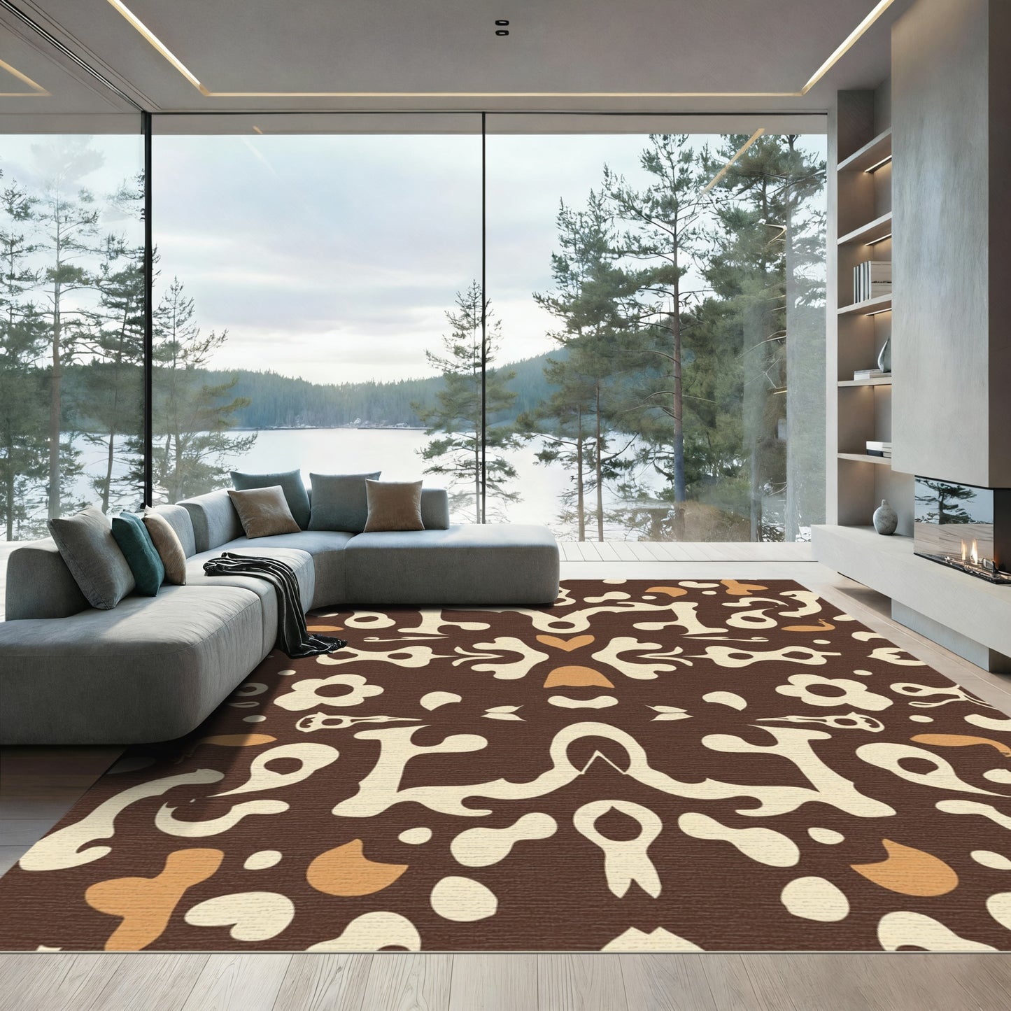 Rich Brown Cream Folk Animal Art Rug