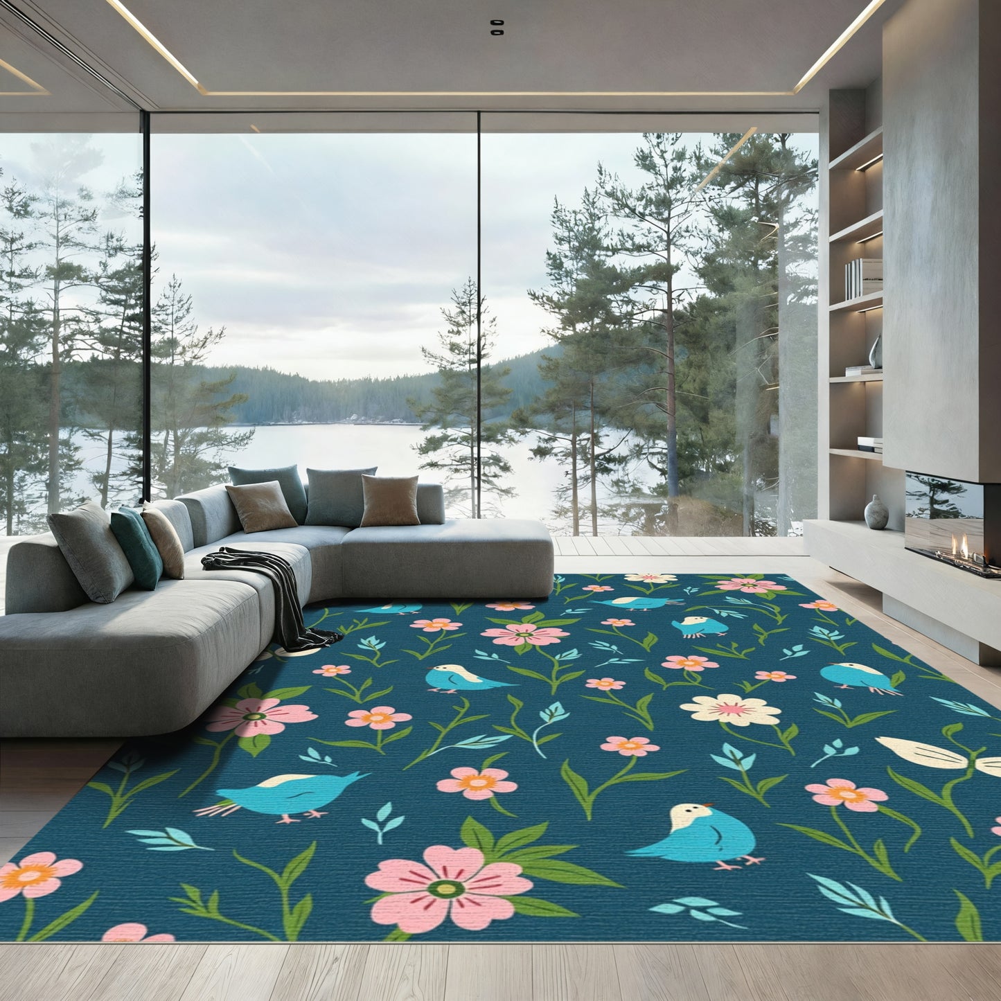 Turquoise Birds Pink Floral Garden Rug