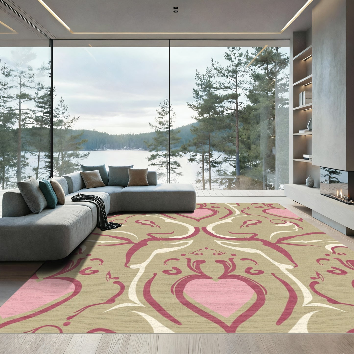 Pink Heart Damask Blush Scroll Rug