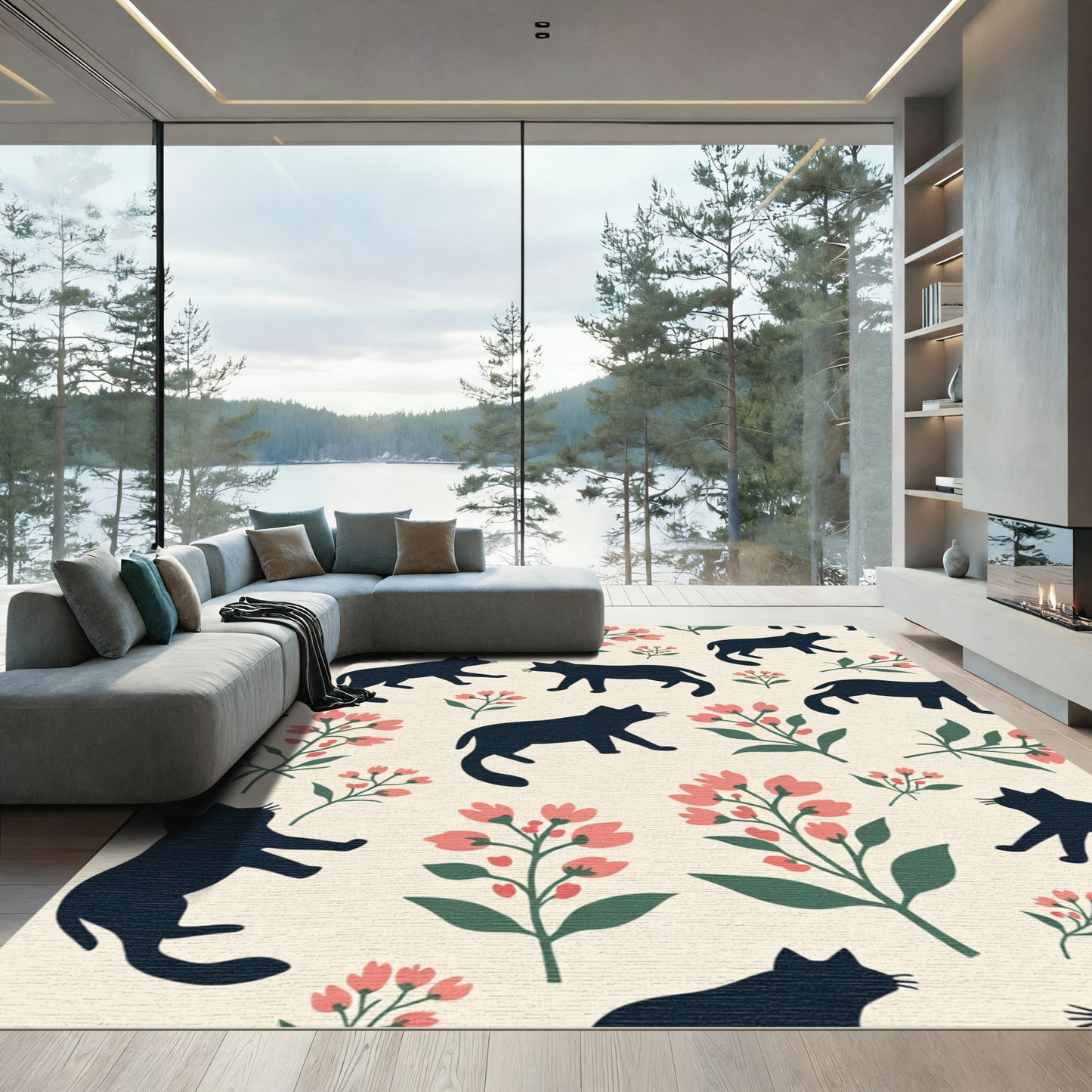 Dark Cat Floral Blossom Arrangement Rug