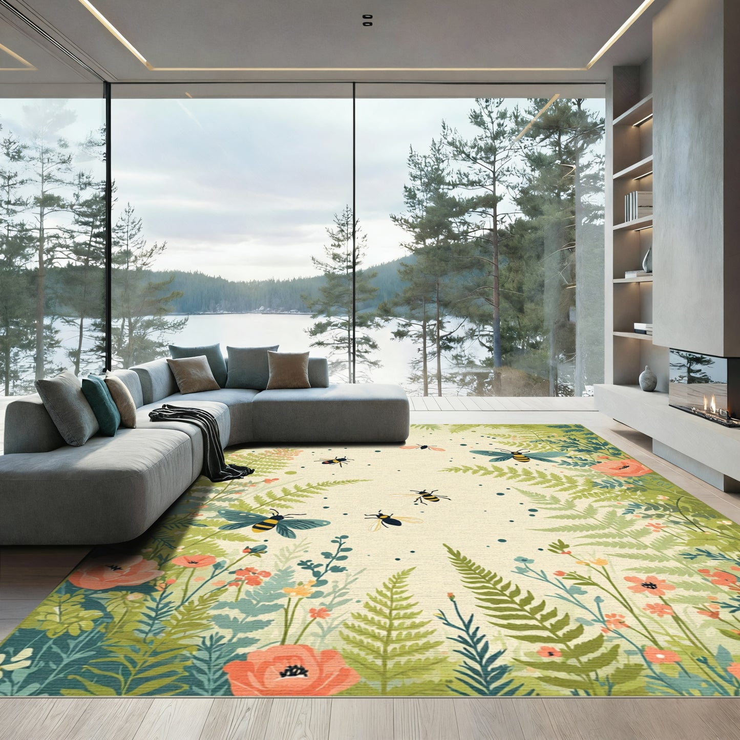 Whimsical Bee Floral Meadow Rug