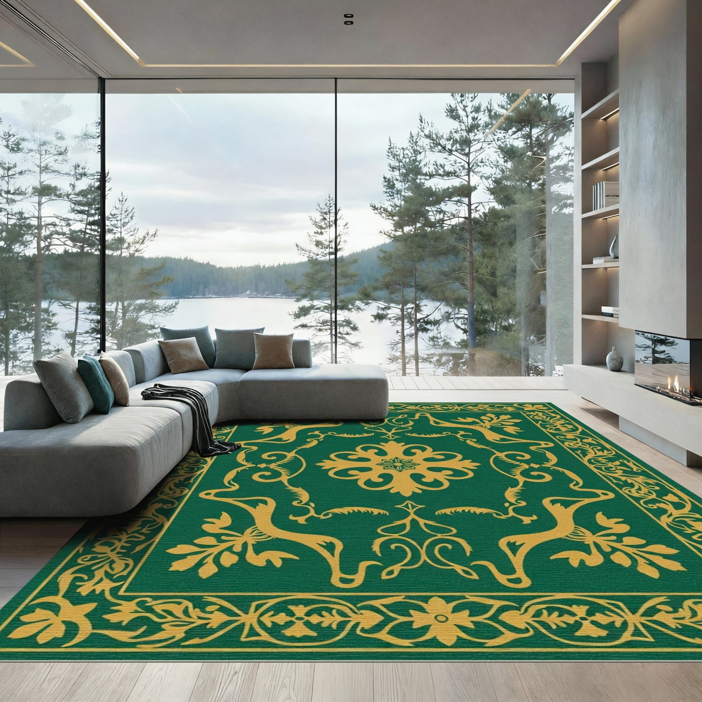 Emerald Gold Filigree Floral Medallion Rug