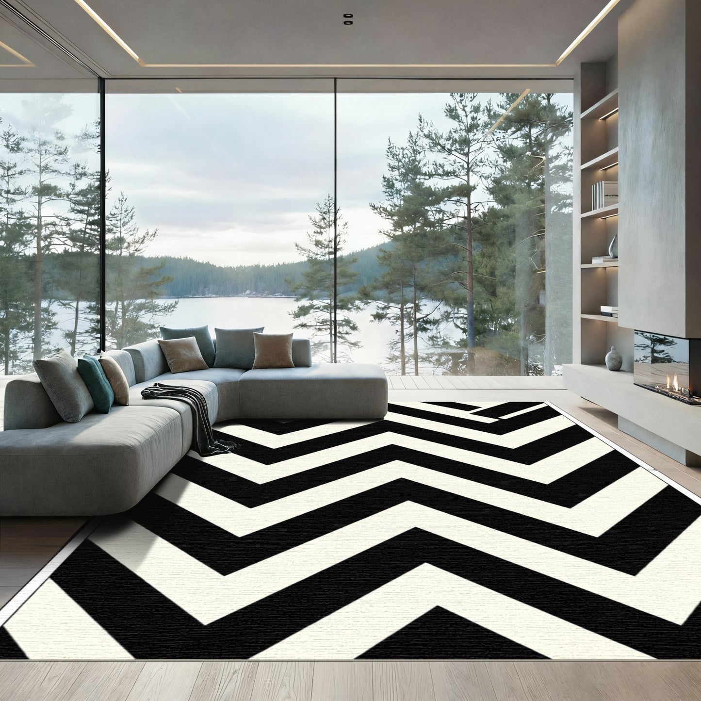 Bold Black Cream Chevron Zigzag Rug