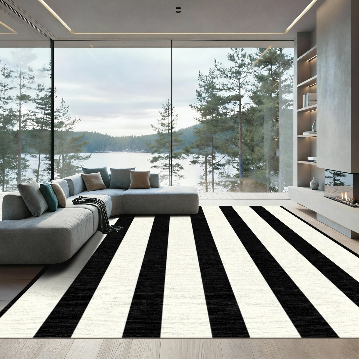 Bold Black Cream Vertical Stripe Rug