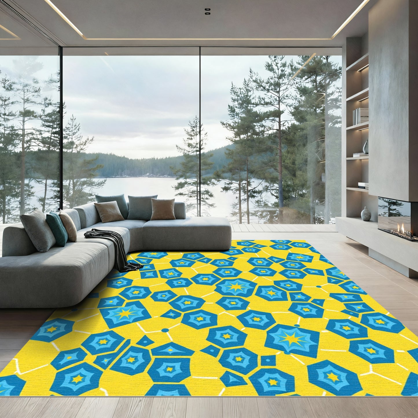 Bright Yellow Blue Starburst Geometric Rug