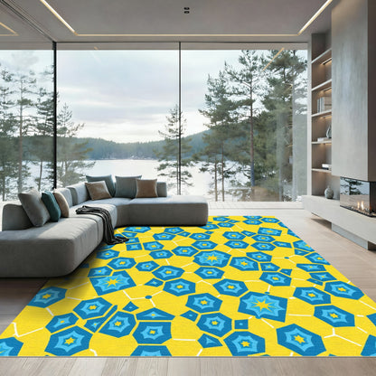 Bright Yellow Blue Starburst Geometric Rug
