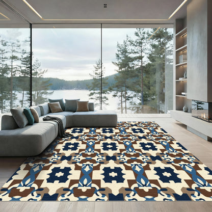 Geometric Blue Brown Cream Lattice Rug