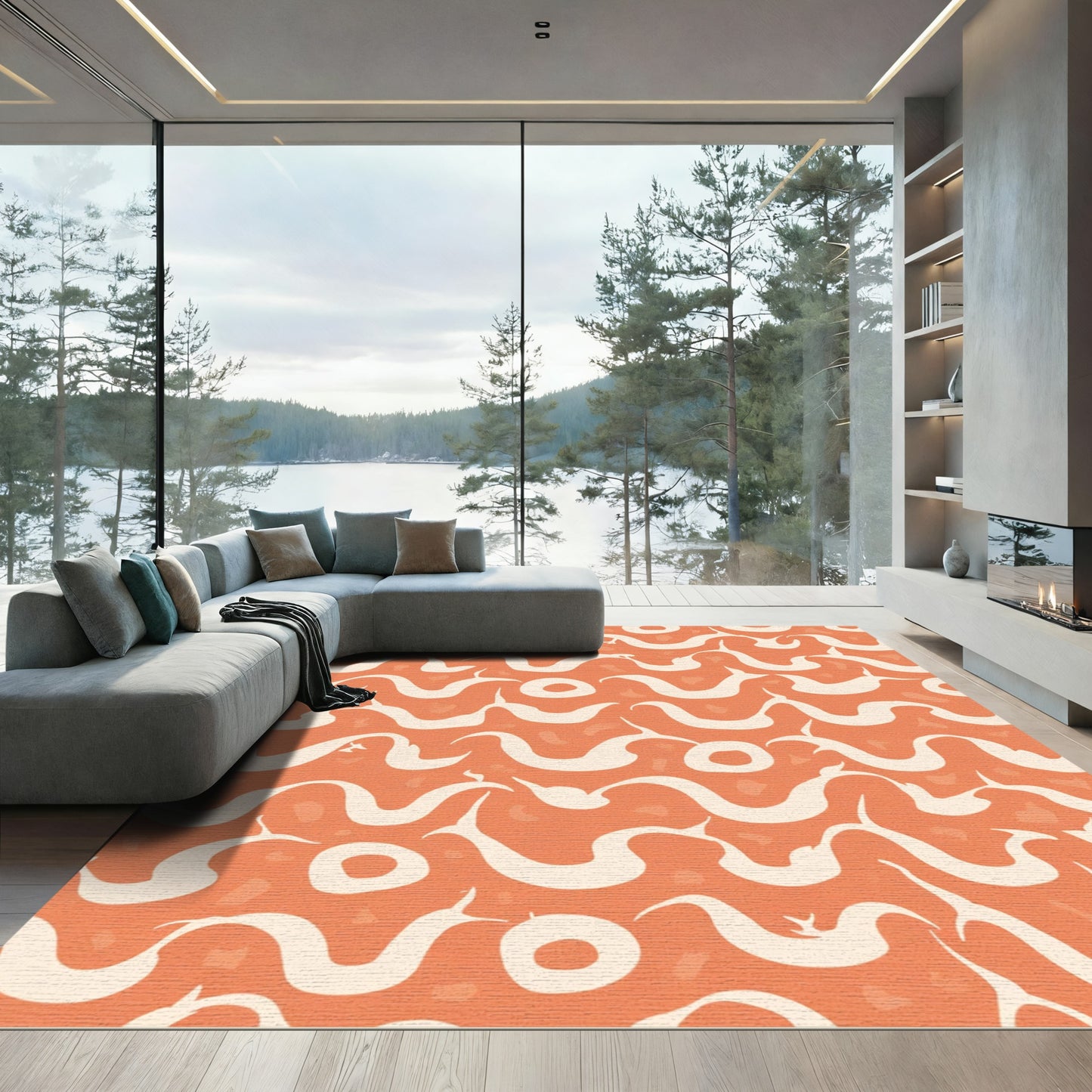 Orange Cream Abstract Swirls Area Rug