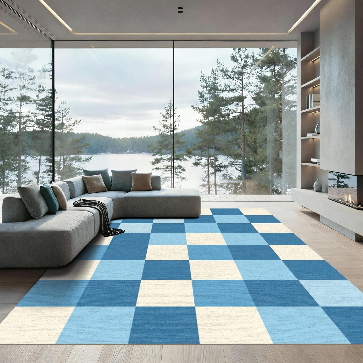 Ocean Blue Checkerboard Squares Rug