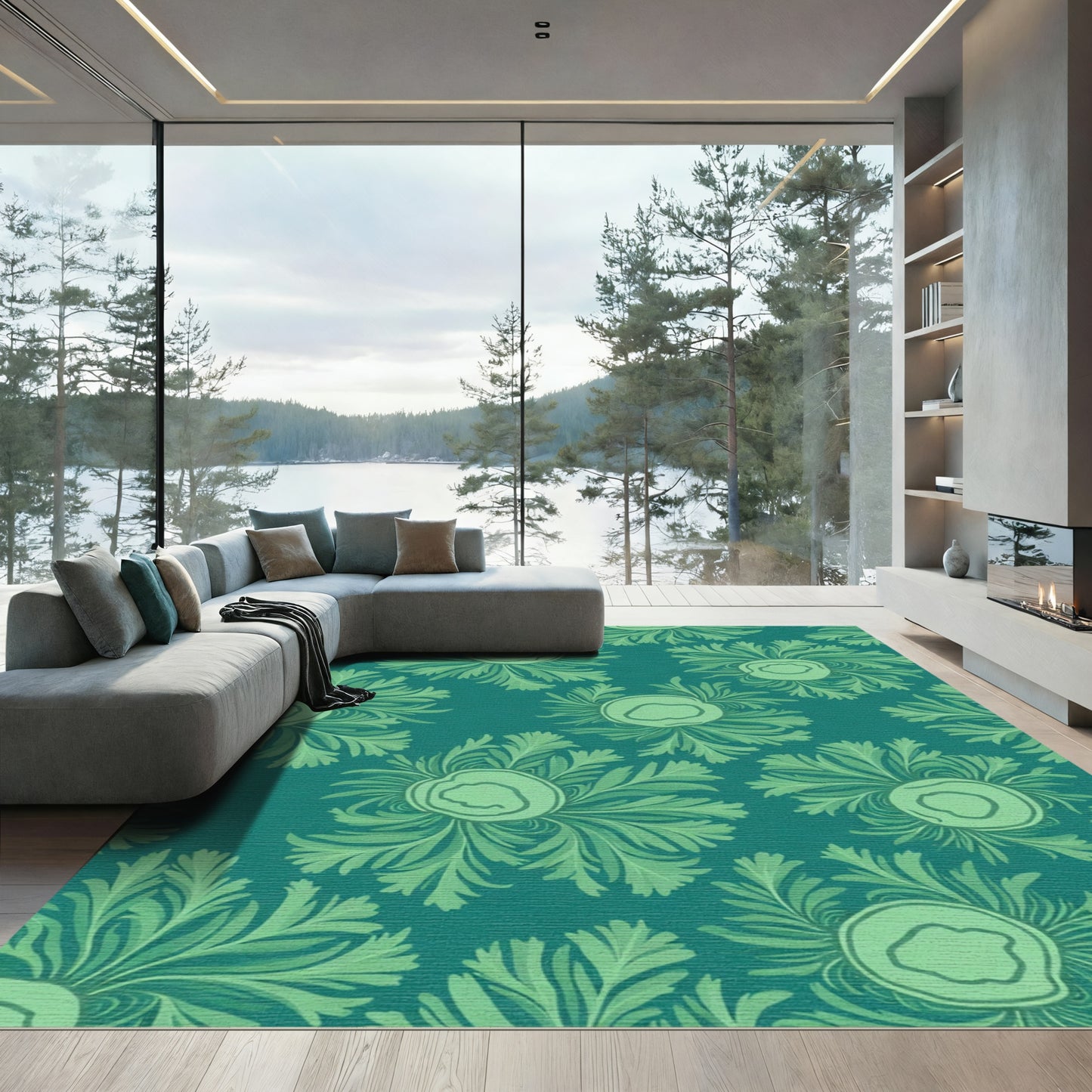 Teal Emerald Green Floral Swirl Rug