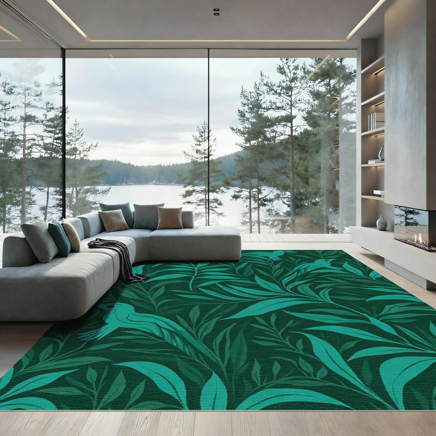 Teal Birds Lush Emerald Foliage Rug