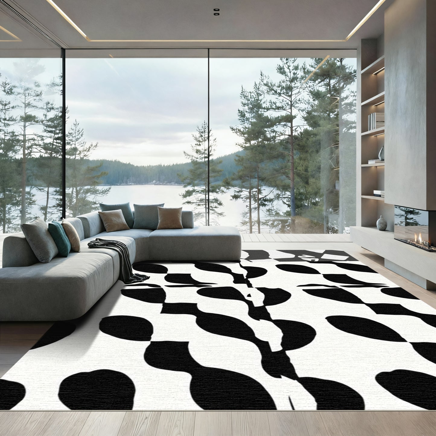 Abstract Black White Flowing Organic Rug