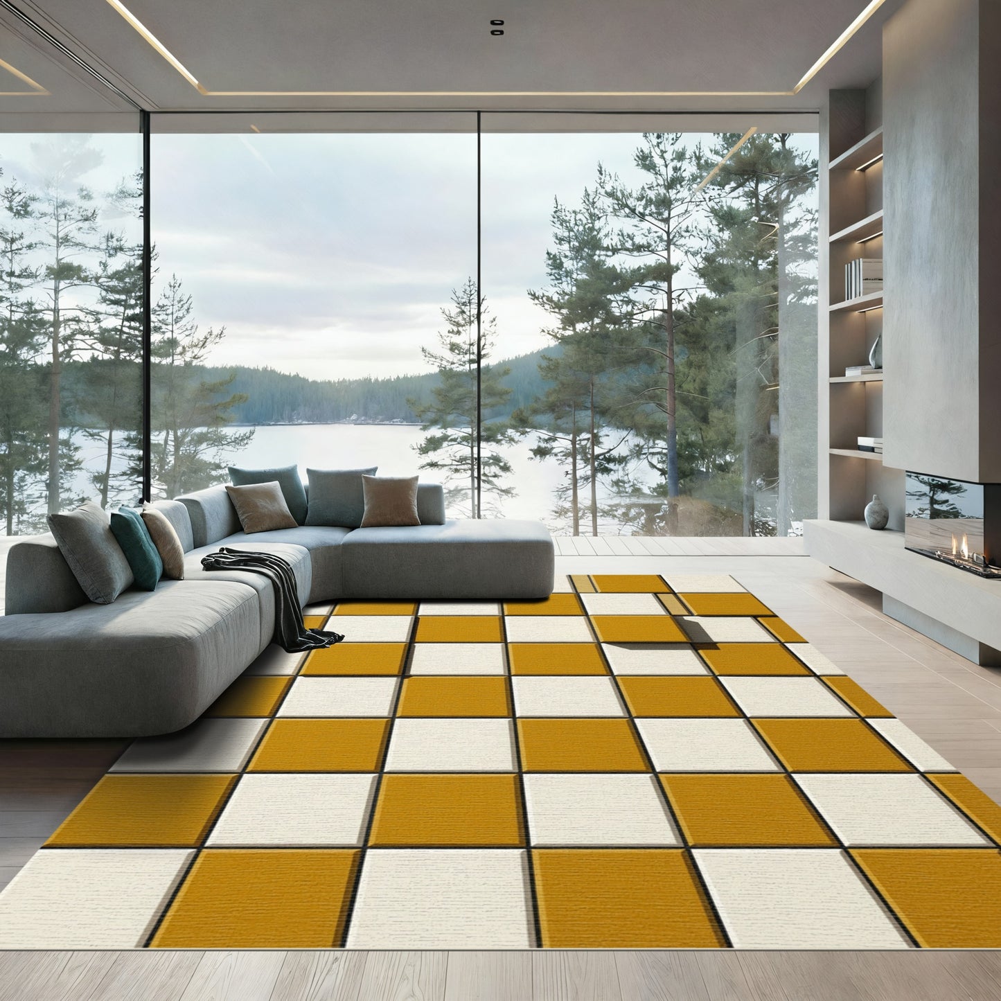 Golden Ochre White Checkerboard Squares Rug