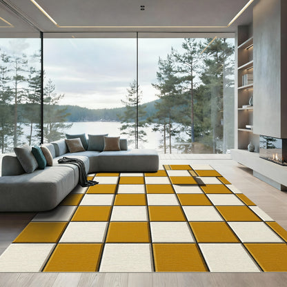 Golden Ochre White Checkerboard Squares Rug