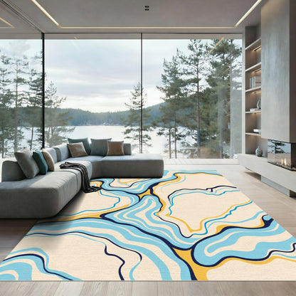 Cream Abstract Flowing Blue Gold Lines Rug