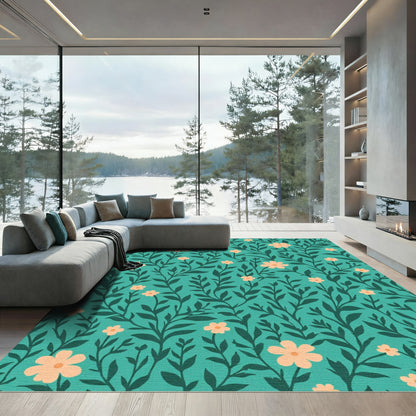 Teal Peach Floral Vine Meadow Rug