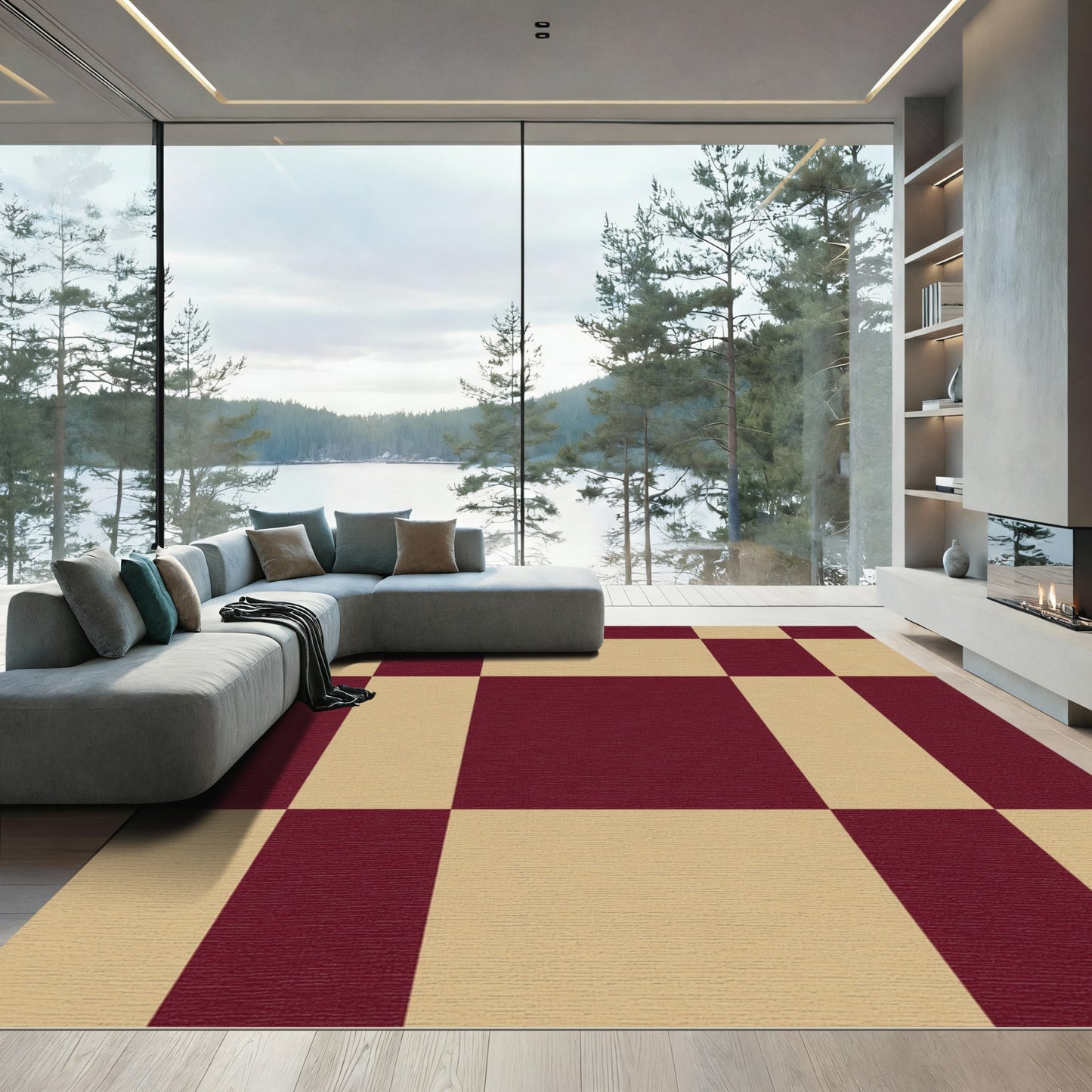 Crimson Beige Checkerboard Contemporary Rug