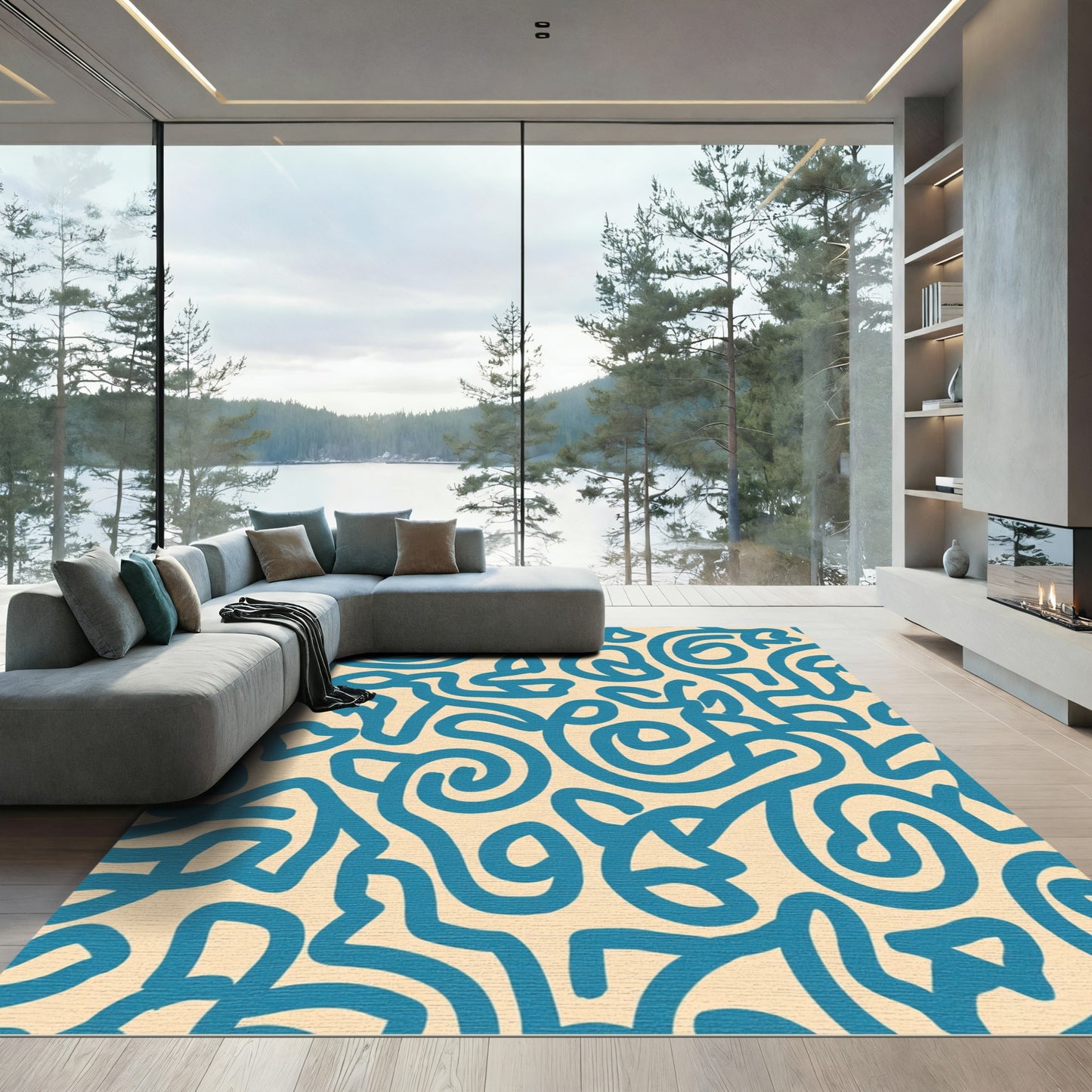 Teal Swirl Abstract Organic Flow Rug