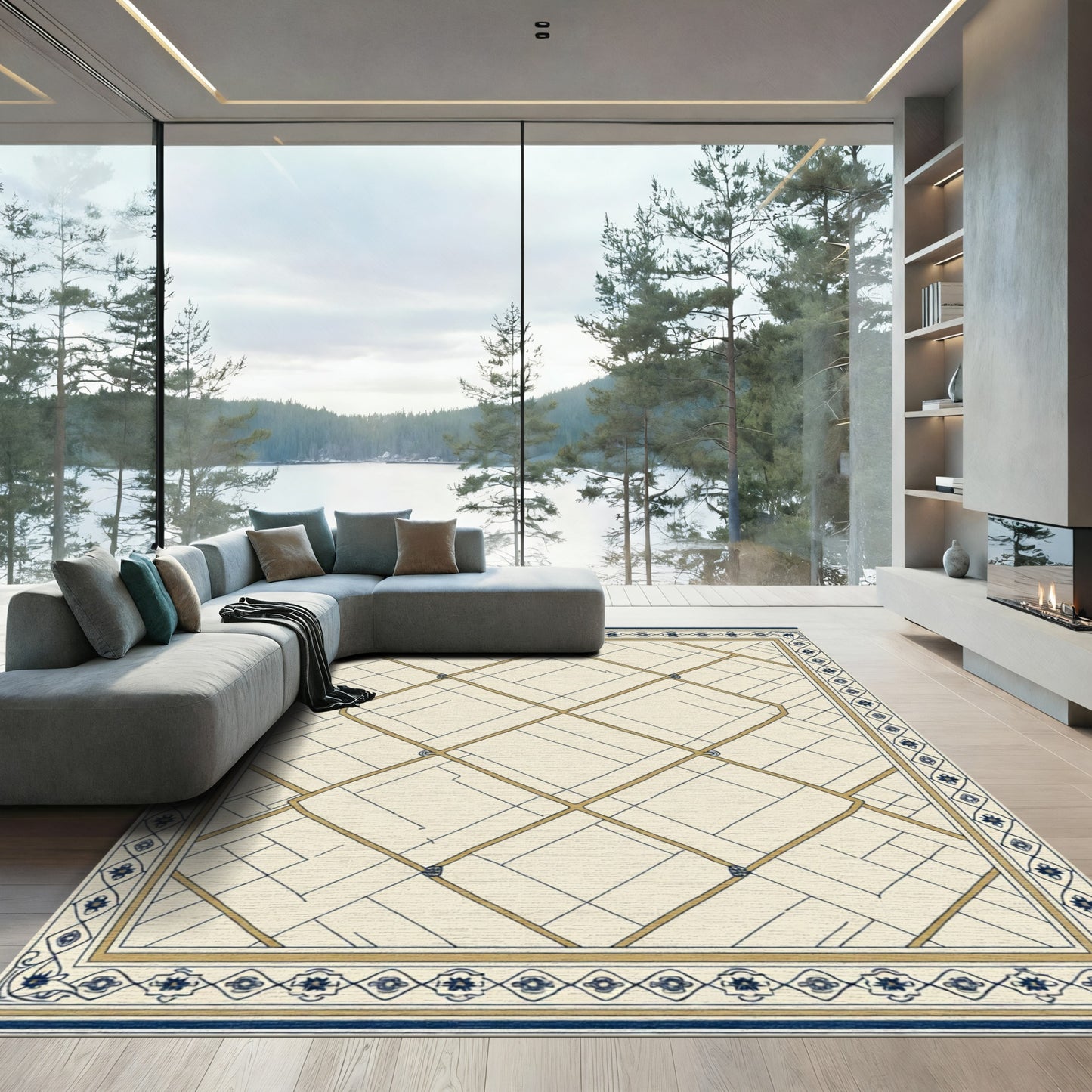 Cream And Blue Geometric Lattice Rug