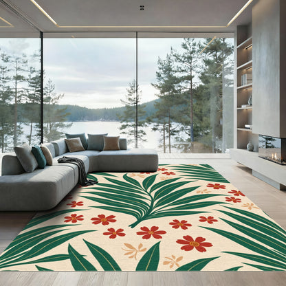 Crimson Floral Palm Leaf Pattern Rug