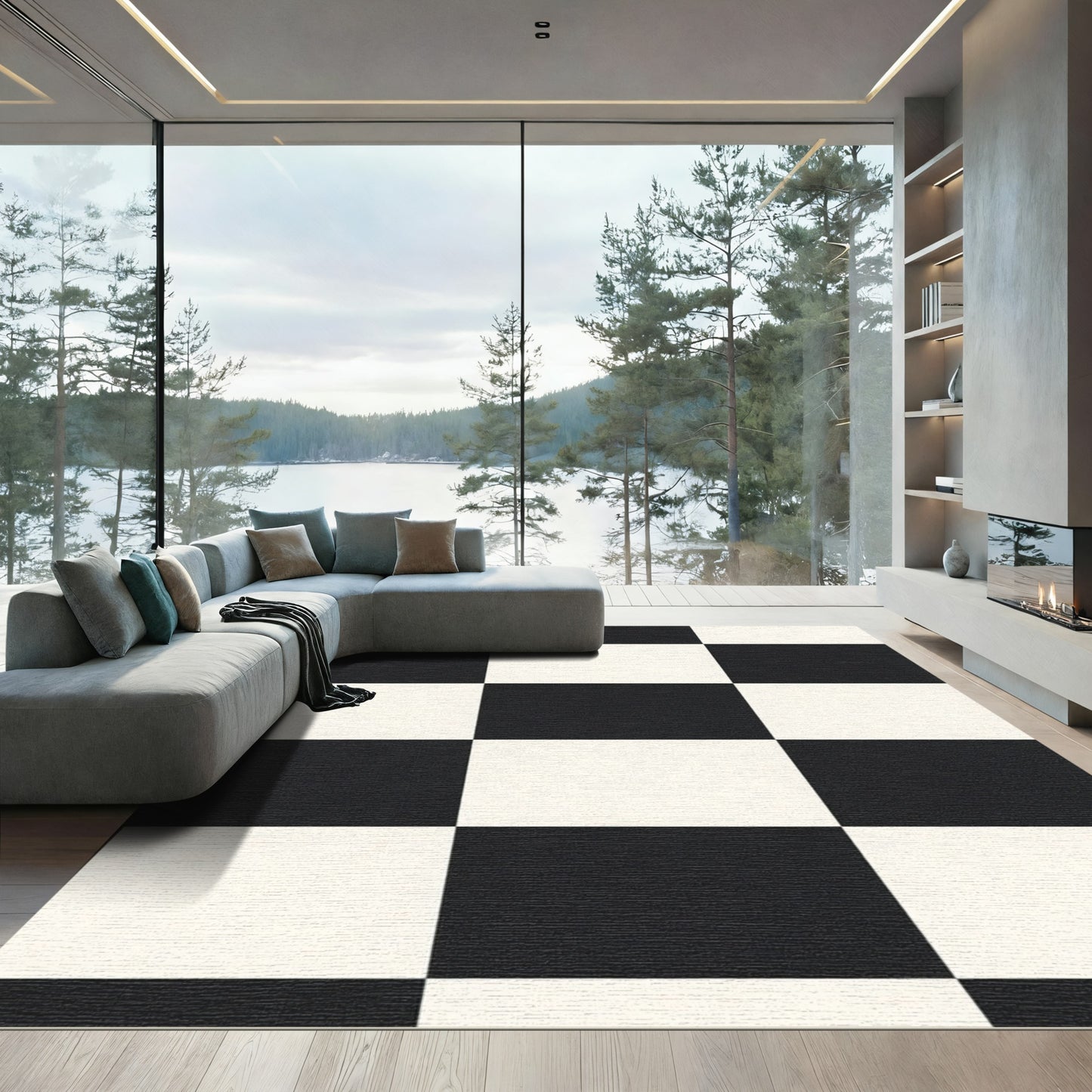 Bold Black White Square Grid Rug