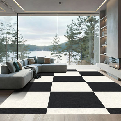 Bold Black White Square Grid Rug