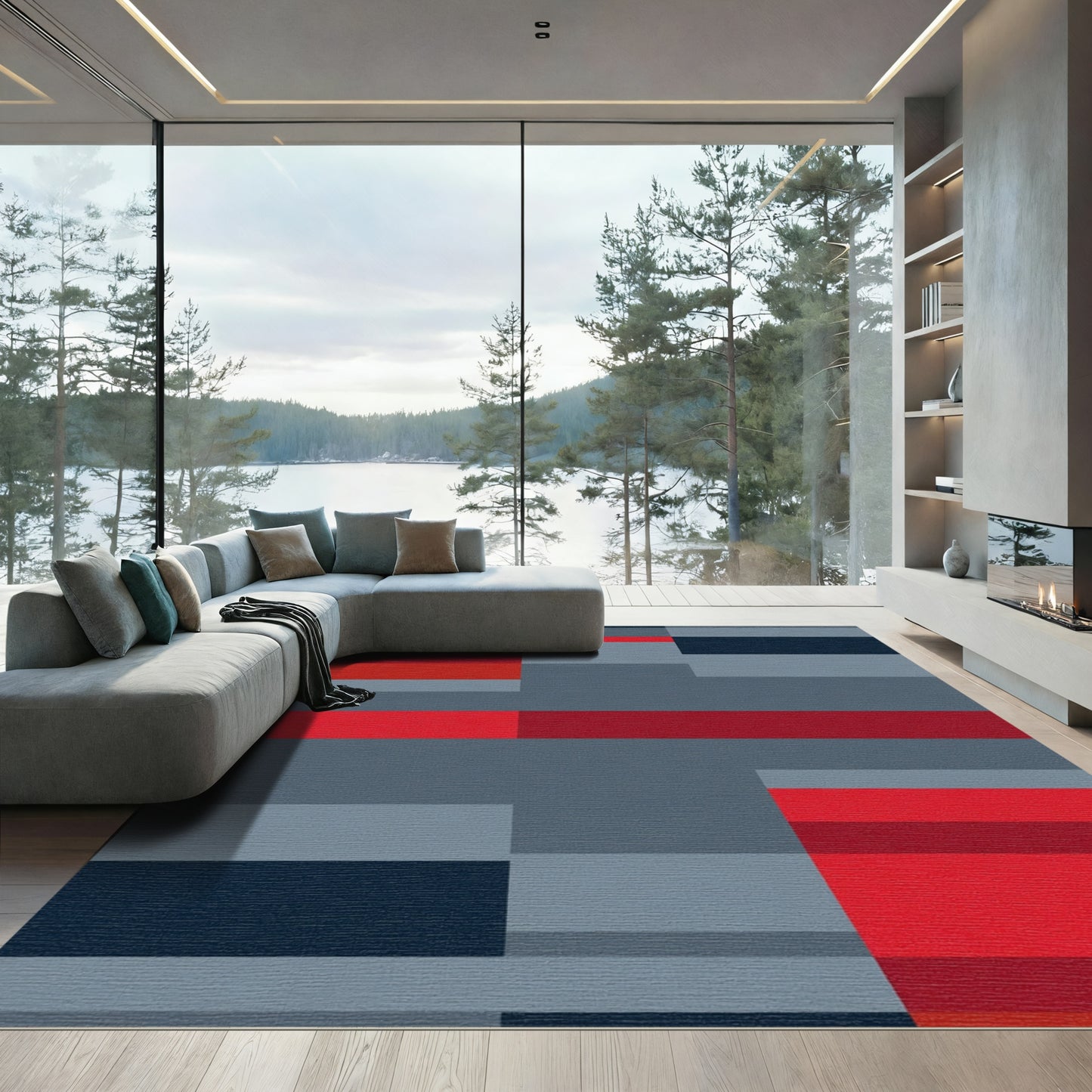 Modern Red Gray Blue Geometric Blocks Rug