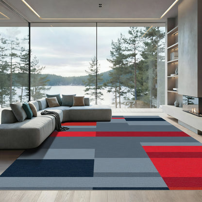 Modern Red Gray Blue Geometric Blocks Rug