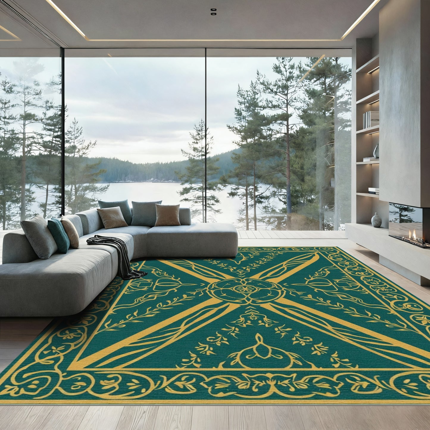 Teal Gold Floral Medallion Border Rug