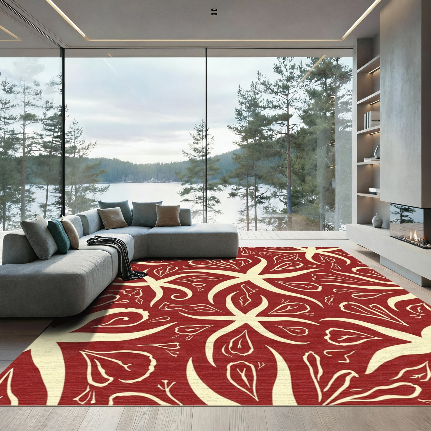 Crimson Cream Starburst Leaf Garland Rug