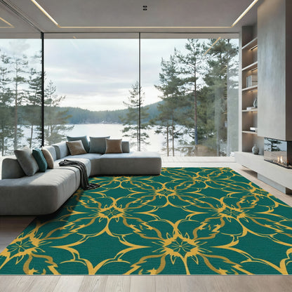 Teal Gold Floral Medallion Lattice Rug