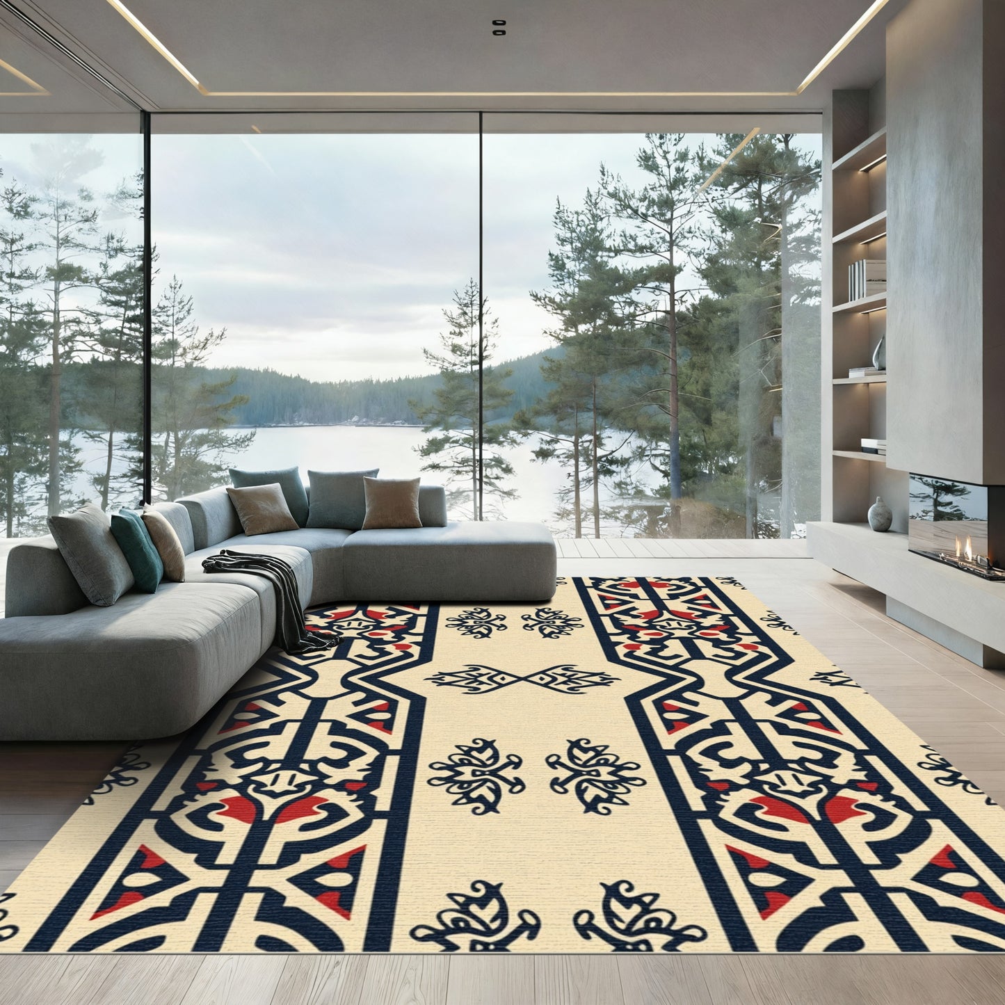 Elegant Navy Red Vertical Stripe Rug