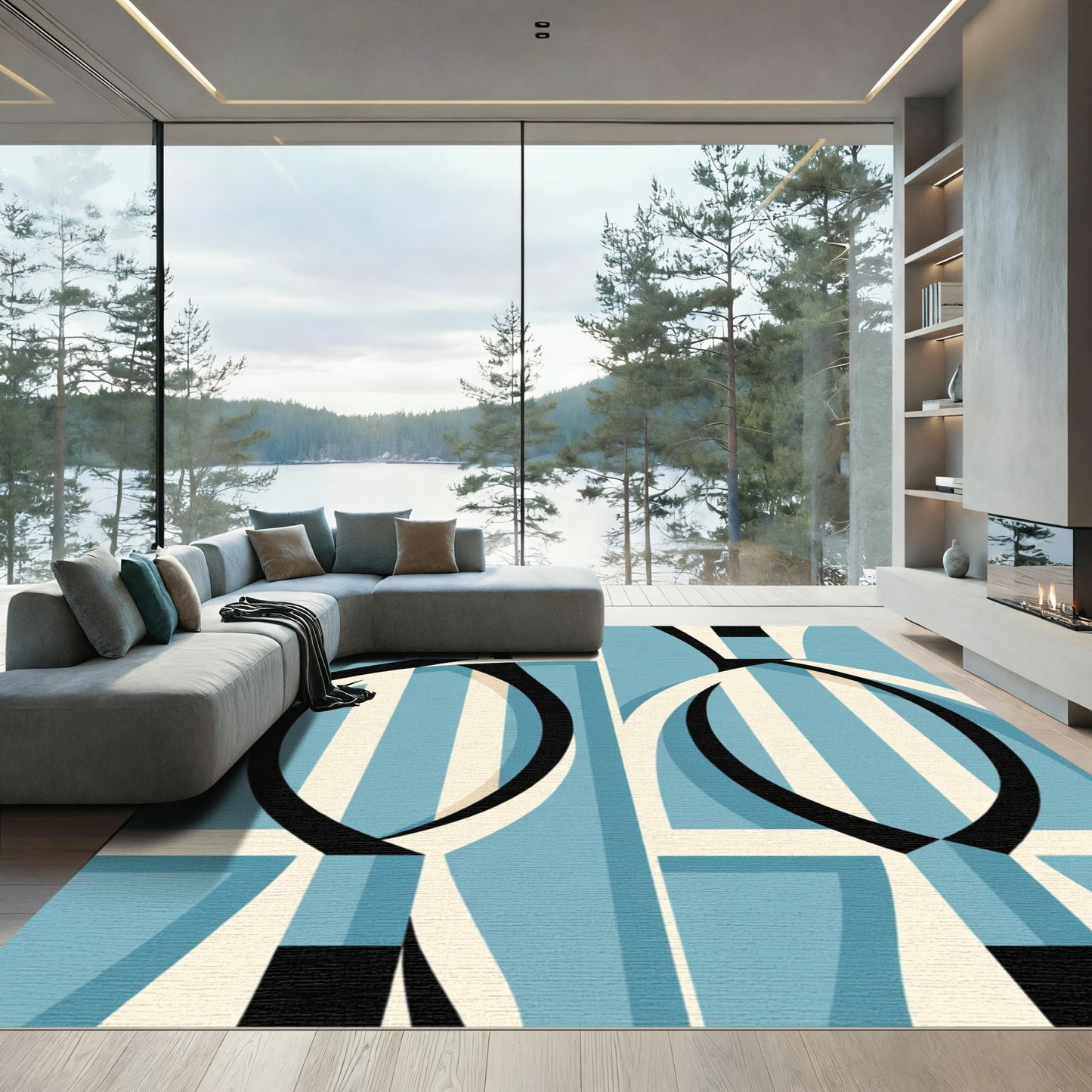Abstract Teal Arch Black and White Rug