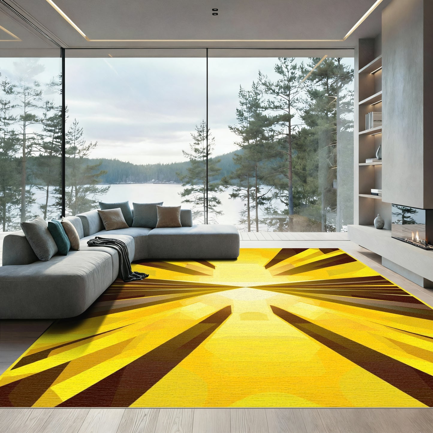 Golden Radiant Geometric Rays Rug