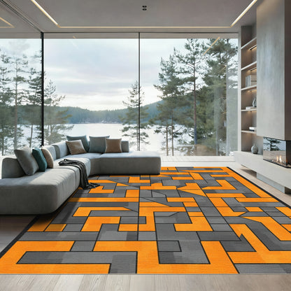 Orange Gray Interlocking Geometric Abstract Rug