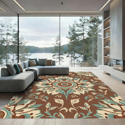 Brown Teal Cream Floral Medallion Rug