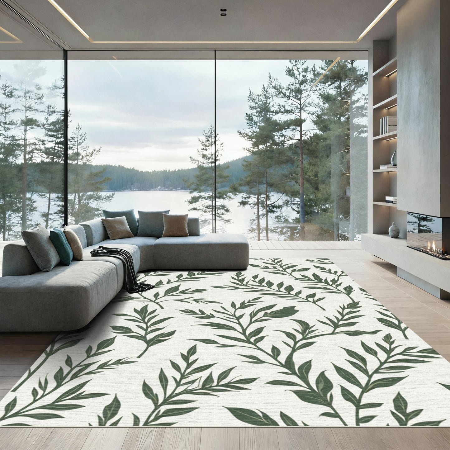Dark Green Leafy Botanical Trail Rug