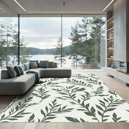 Dark Green Leafy Botanical Trail Rug