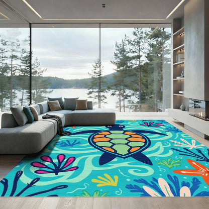 Aqua Blue Turtle Coral Garden Rug