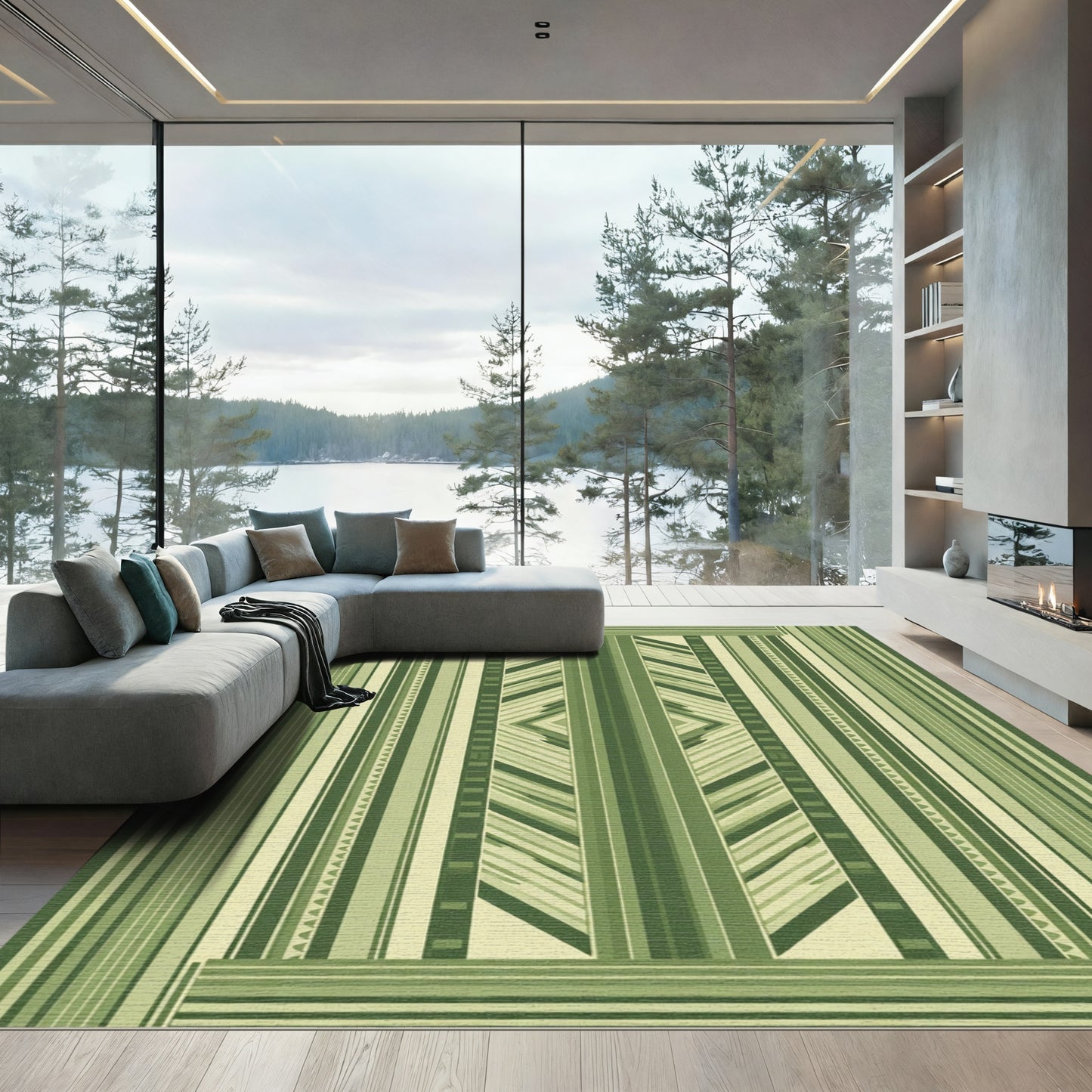 Emerald Green Striped Geometric Rug