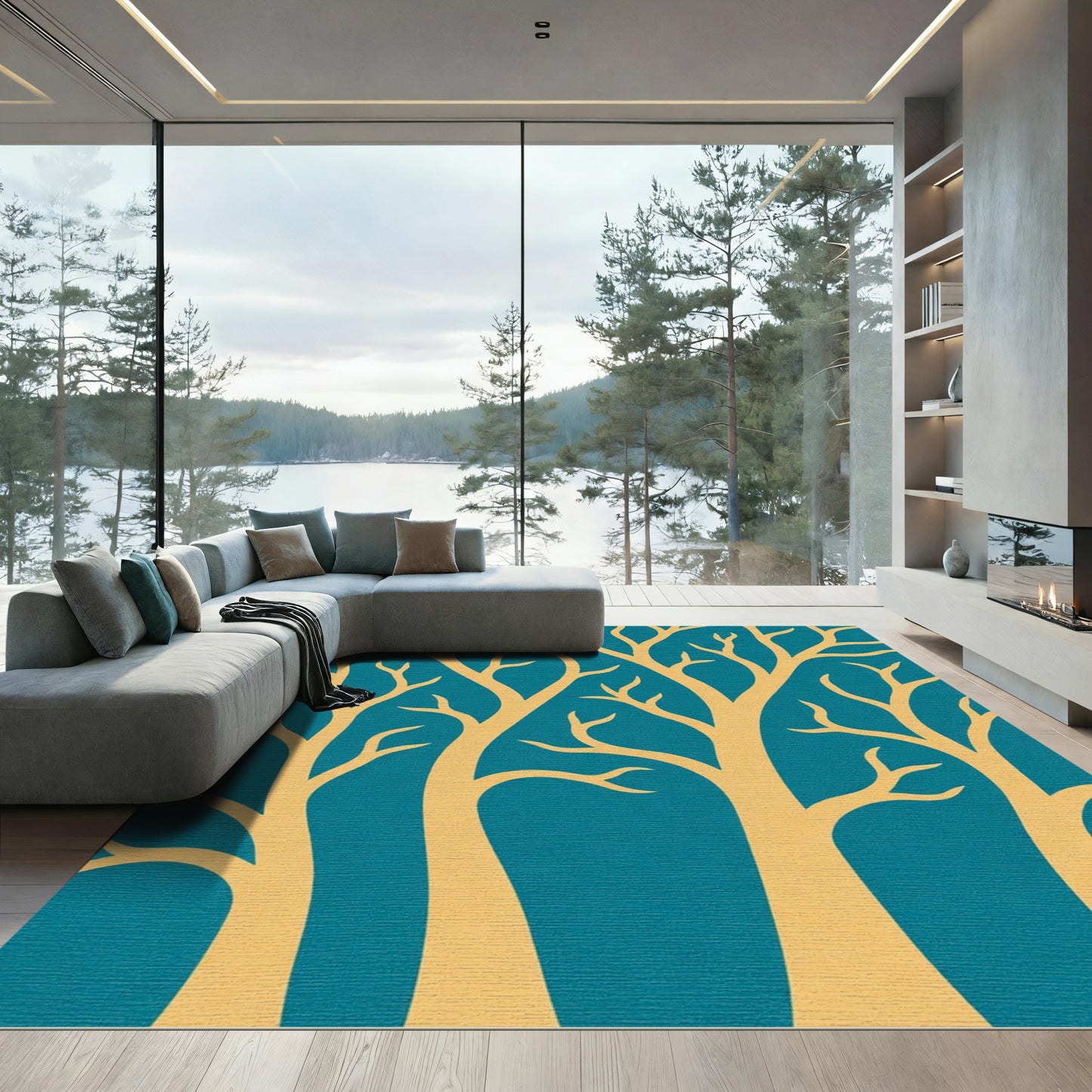 Golden Branch Trees Teal Background Rug