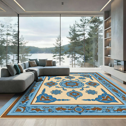 Golden Beige Blue Floral Medallion Rug