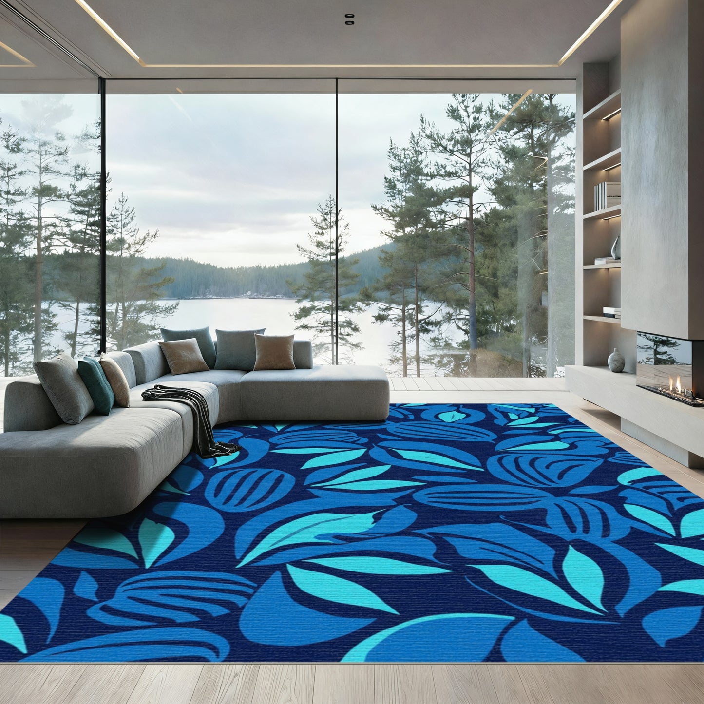 Bold Deep Blue Tropical Leaf Spread Rug