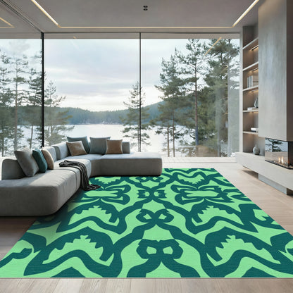 Verdant Teal Abstract Scroll Rug