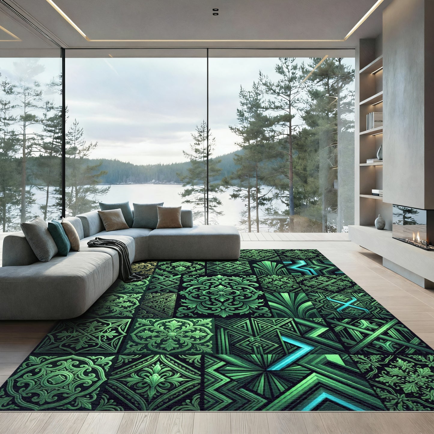 Emerald Green Art Deco Collage Rug