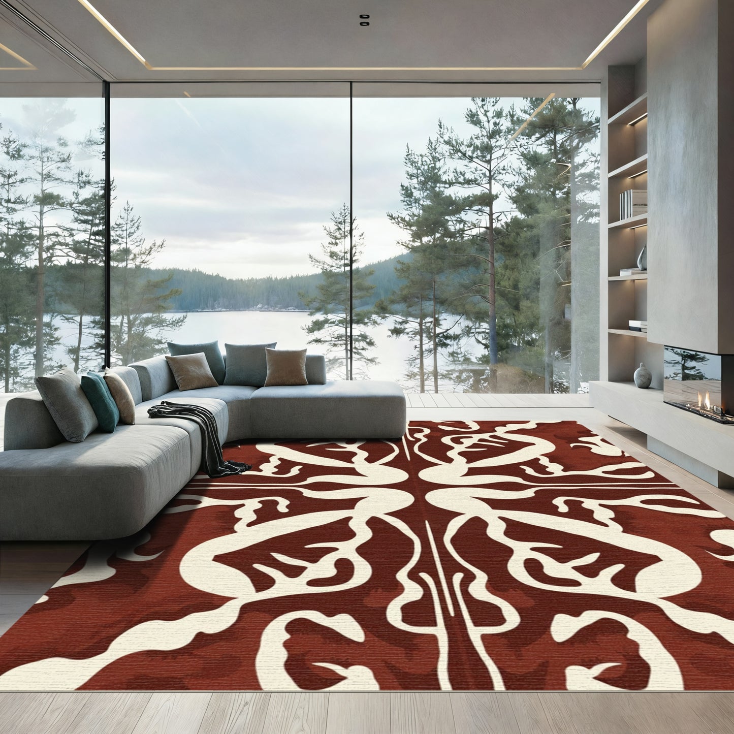 Crimson Ivory Abstract Organic Swirl Rug