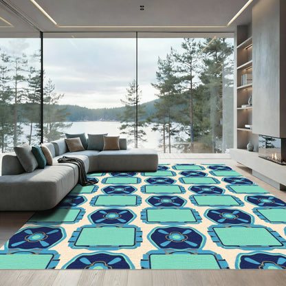 Bold Blue Teal Geometric Flower Rectangles Rug