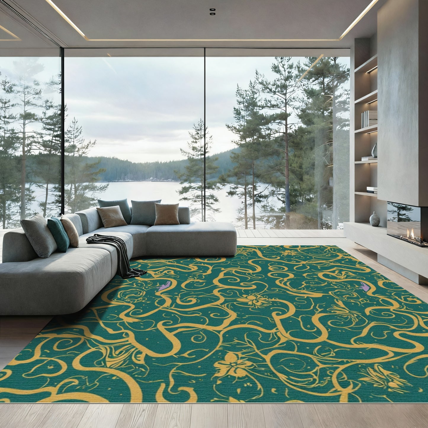 Emerald Gold Swirling Floral Vines Rug