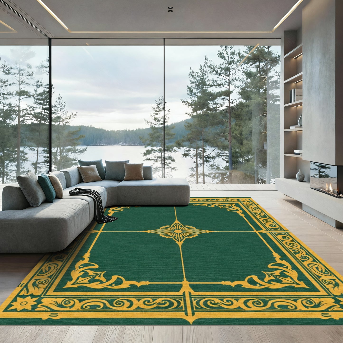Emerald Gold Ornate Floral Border Rug